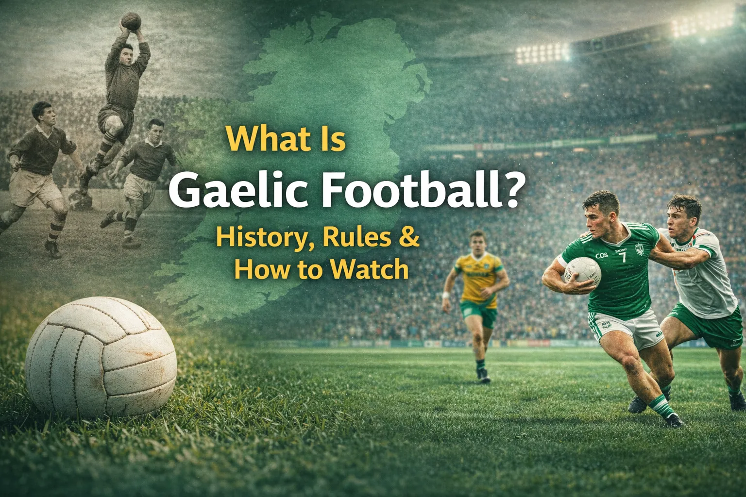 Gaelic football match illustration with players, ball, and stadium representing the sport and live coverage