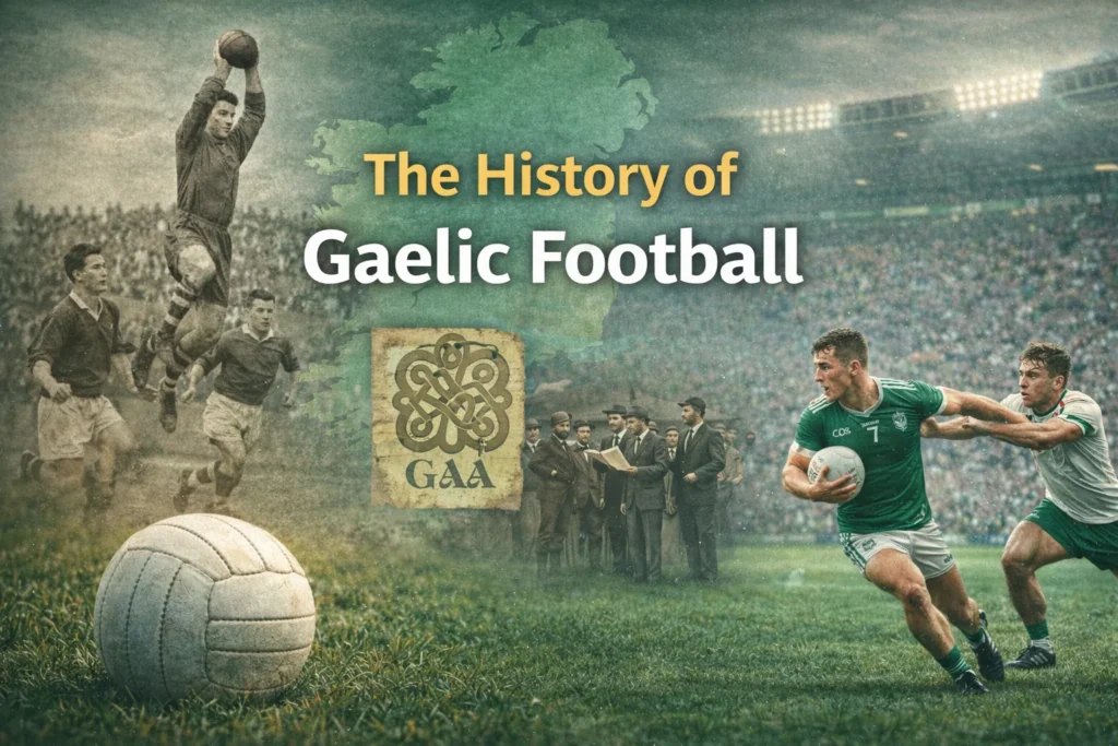 Historical evolution of Gaelic football showing early origins to modern gameplay illustration