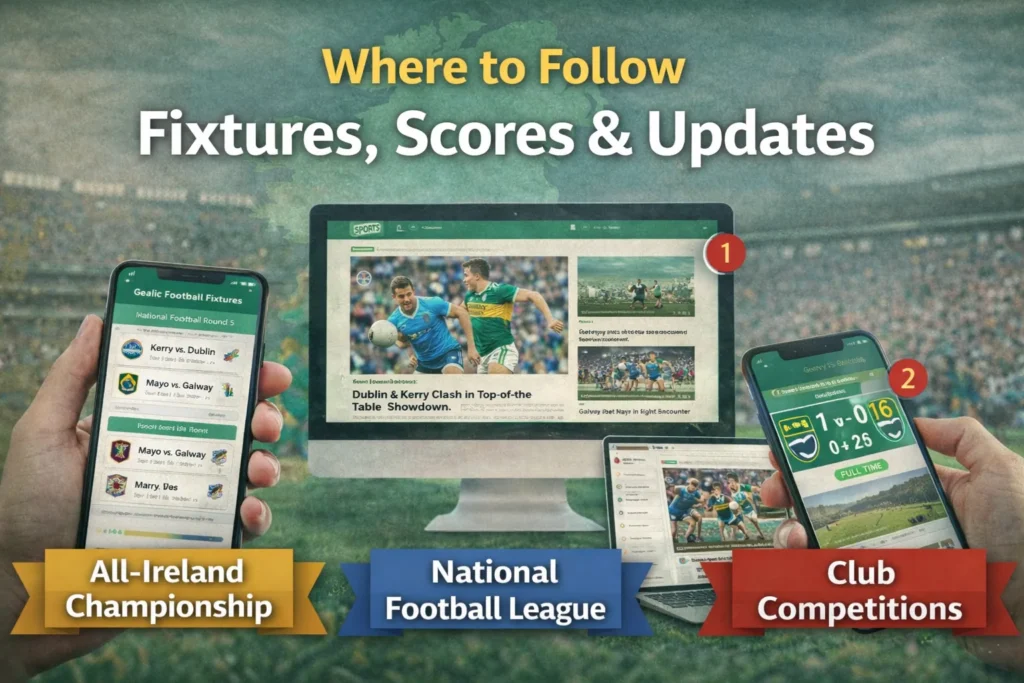 gaelic football fixtures scores and live updates digital illustration showing match tracking and results