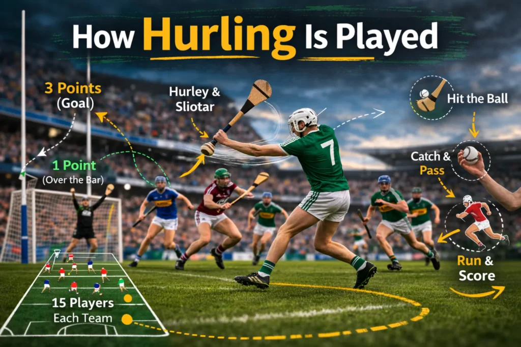 hurling gameplay infographic showing rules scoring system players and key actions on the field