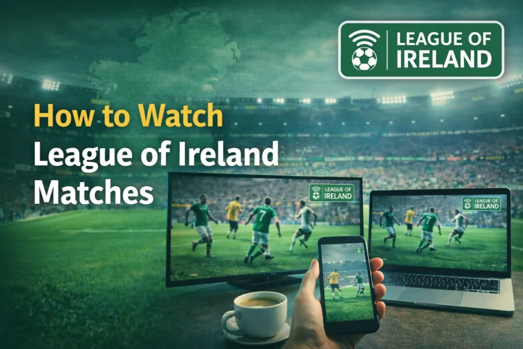 Watching League of Ireland football on TV and streaming device with live match interface illustration