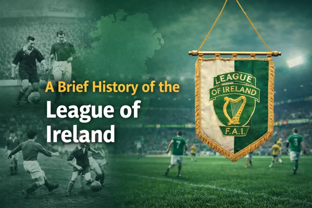Historical timeline illustration of League of Ireland football showing early era to modern development
