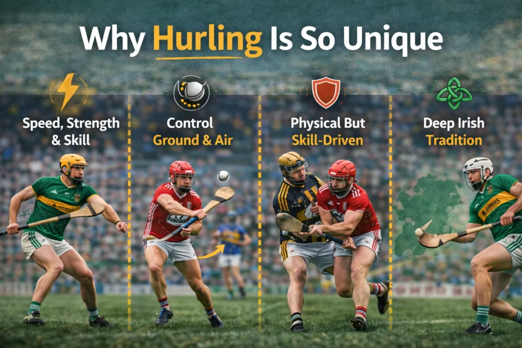Infographic showing unique aspects of hurling including speed, skill, and traditional Irish gameplay with players using hurleys and sliotar
