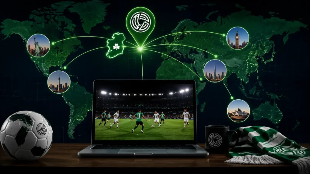 League of Ireland football streaming displayed globally on a laptop with glowing world map connections linking Ireland to international cities and football viewers worldwide