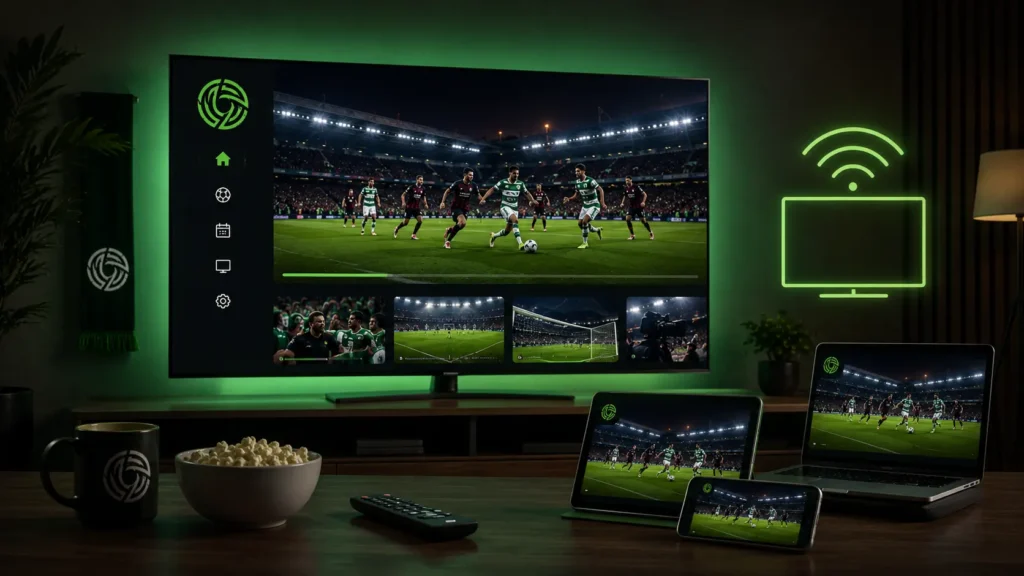 Modern smart TV streaming a live League of Ireland football match with connected laptop, tablet, and smartphone devices inside a green-lit sports viewing room