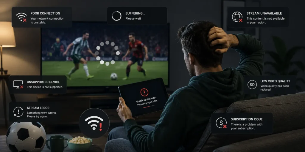 Frustrated football fan dealing with buffering, poor connection, stream errors, and low video quality while trying to watch a live match on multiple devices
