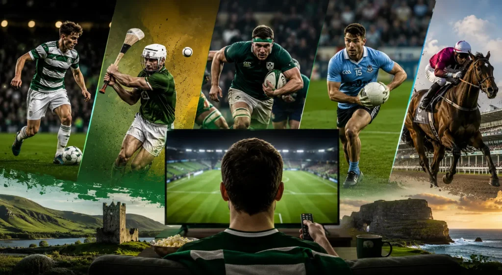 Irish sports fan watching multiple Irish sporting events including football, hurling, rugby, Gaelic games, and horse racing in a cinematic multi-sport viewing scene