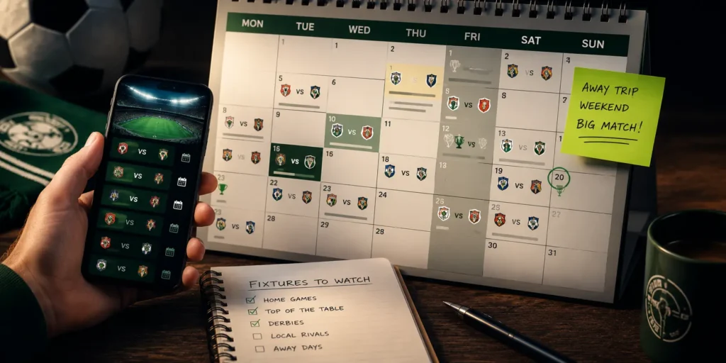 Football fan tracking League of Ireland fixtures on a smartphone beside a large match calendar, notebook, and sports-themed desk setup with green stadium lighting