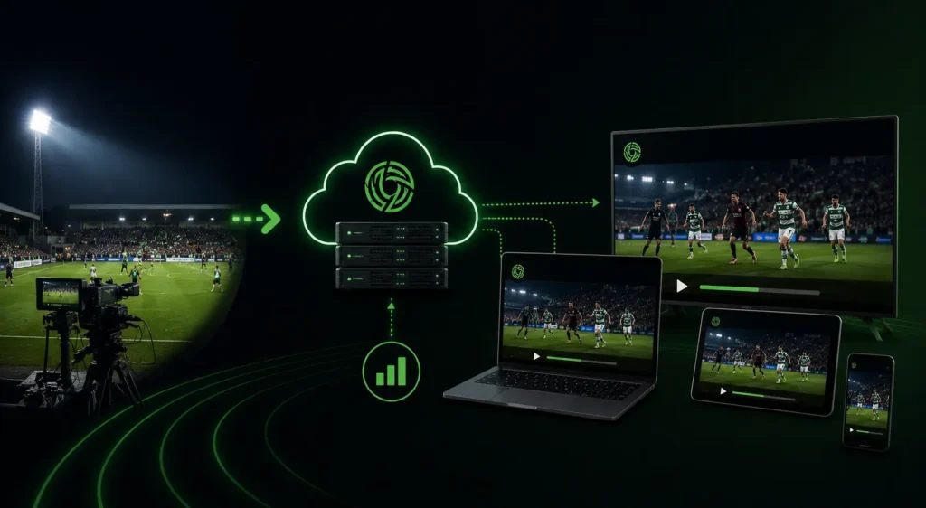 Digital illustration showing how LOITV streams League of Ireland football from stadium cameras through cloud servers to TV, laptop, tablet, and smartphone devices