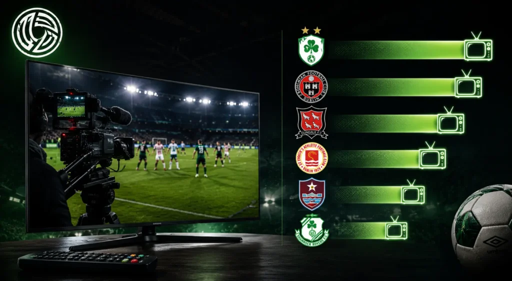 League of Ireland football clubs displayed in a modern TV broadcast ranking graphic with live match coverage, stadium atmosphere, camera production setup, and glowing viewing indicators