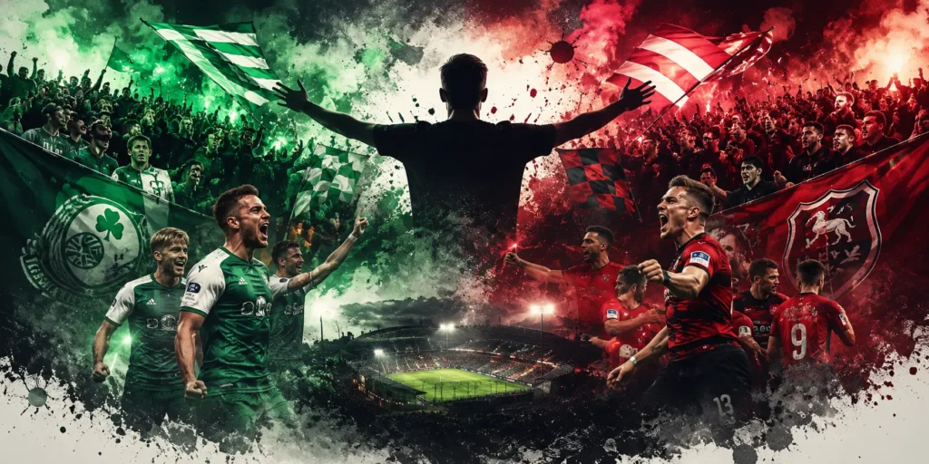 Intense football rivalry scene with passionate supporters, dramatic stadium atmosphere, colorful smoke, and celebrating players during a heated League of Ireland match