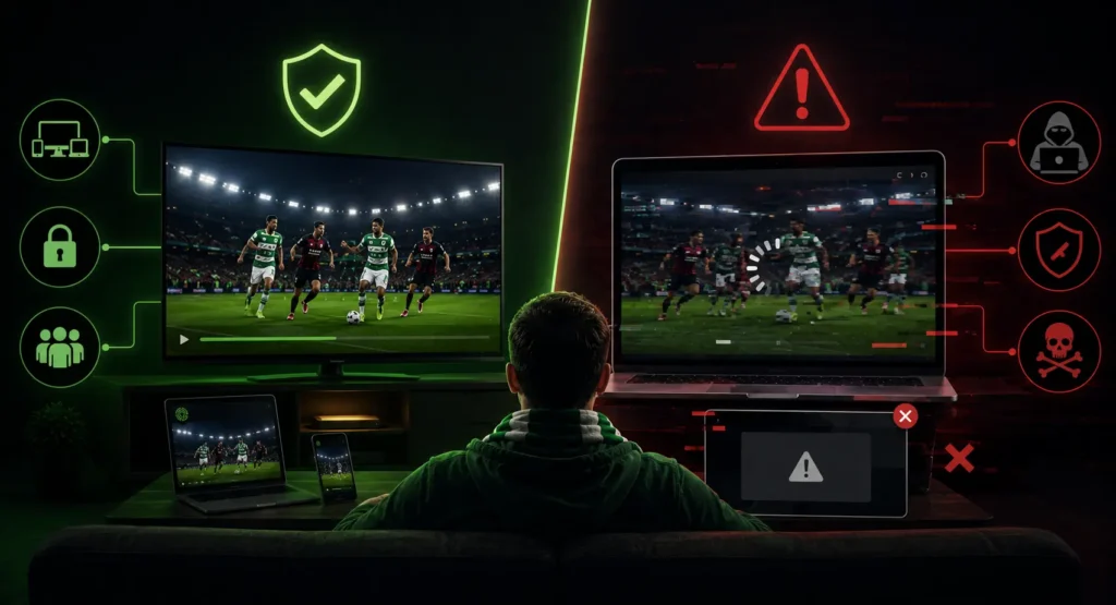 Football fan comparing secure legal sports streaming on multiple devices against unstable unofficial streams with glitch effects, warning symbols, and cyber risk visuals