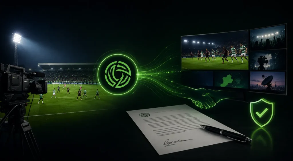 League of Ireland broadcast rights concept showing live football production cameras, television distribution screens, digital contracts, and streaming network visuals in a modern green sports media design