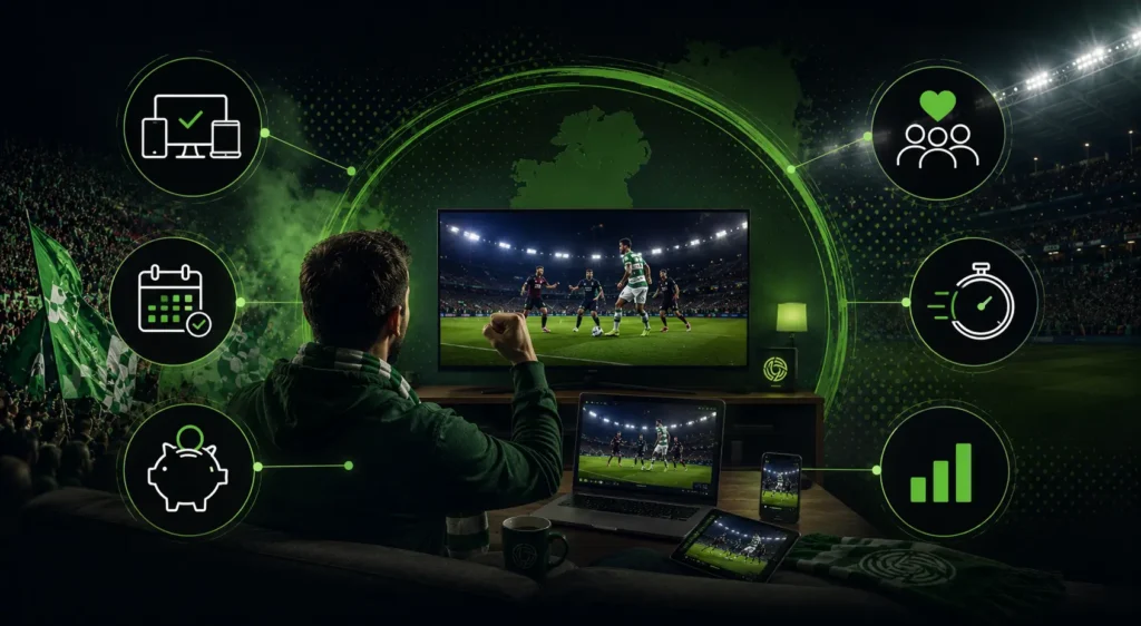League of Ireland supporter watching live football across TV, laptop, tablet, and smartphone with glowing feature icons representing convenience, match access, flexibility, and fan engagement