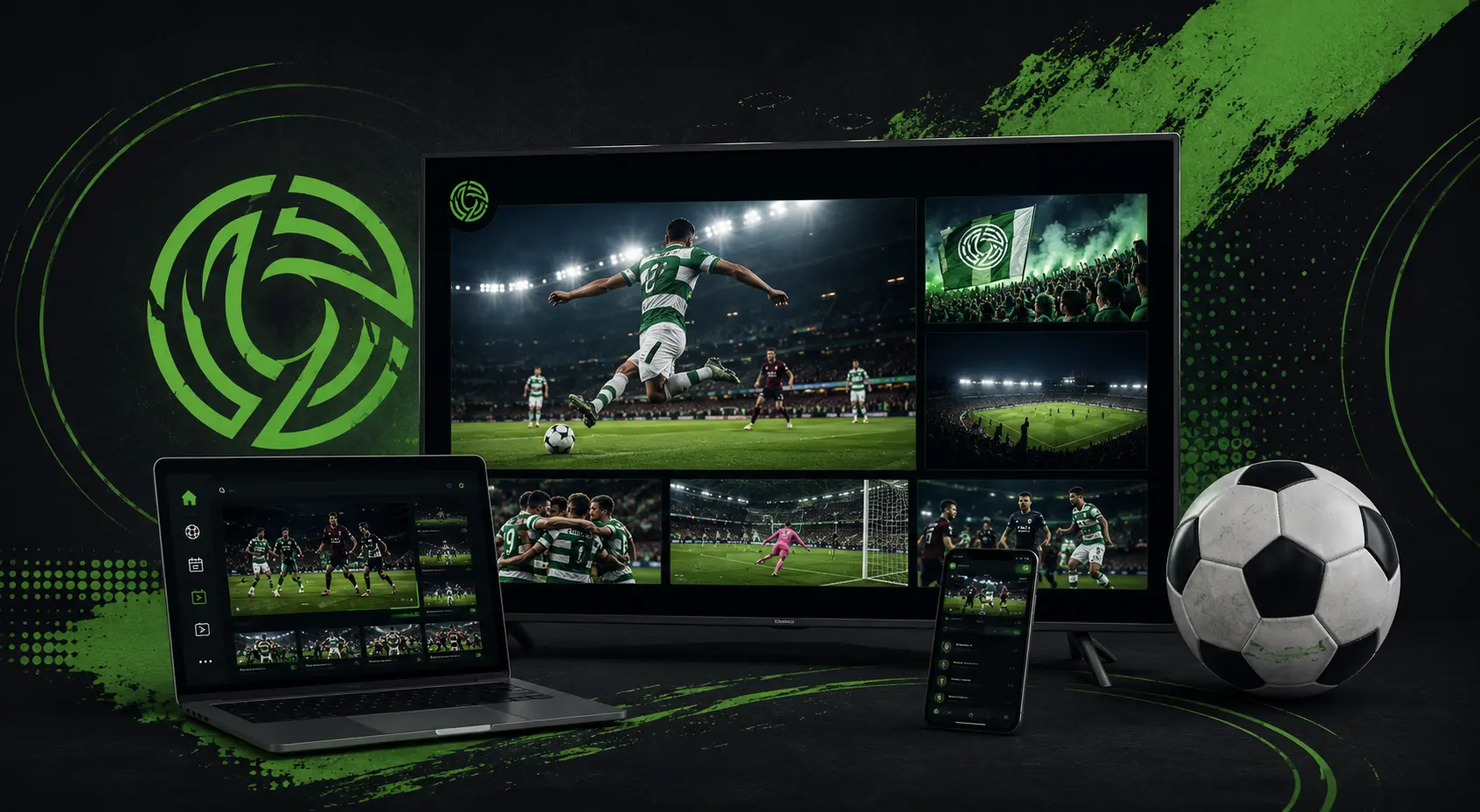 Modern LOI TV inspired football streaming setup with live League of Ireland match visuals across TV, laptop, and smartphone screens surrounded by green sports-themed graphics