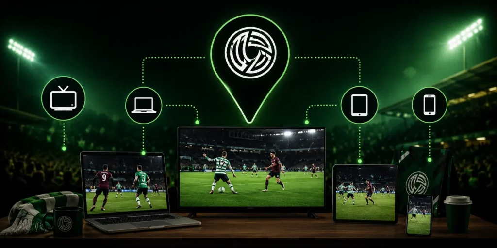 League of Ireland football matches streaming across TV, laptop, tablet, and smartphone screens inside a dramatic green-lit stadium atmosphere with connected viewing icons