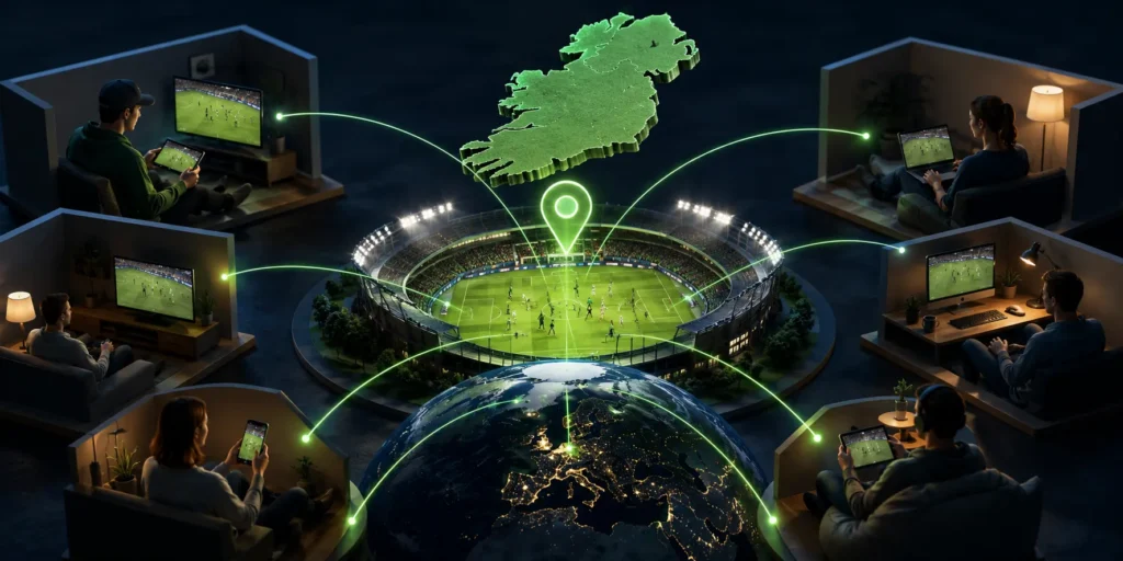 Miniature football stadium connected to viewers watching League of Ireland matches on TVs, laptops, tablets, and phones with glowing Ireland-inspired streaming network visuals